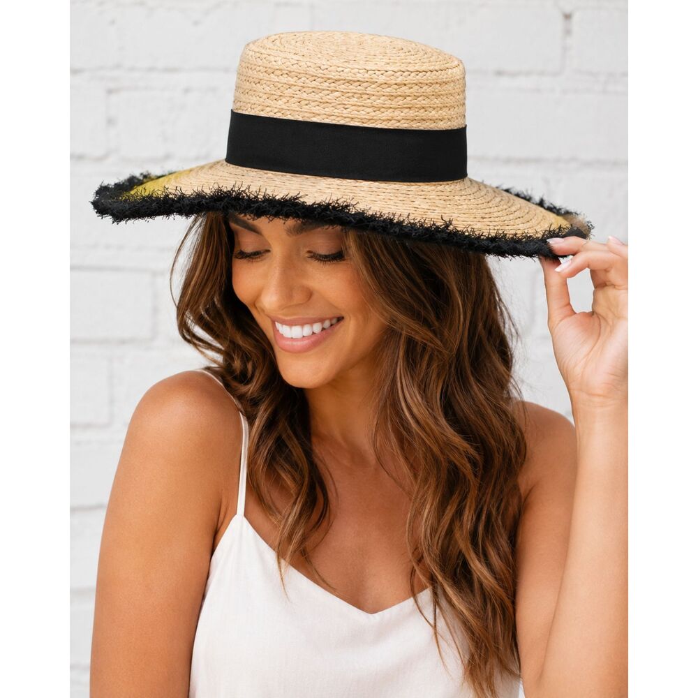 American Hat Makers Womens Natural Straw Frayed Edge Sun Hat Tan Black 54-55 cm